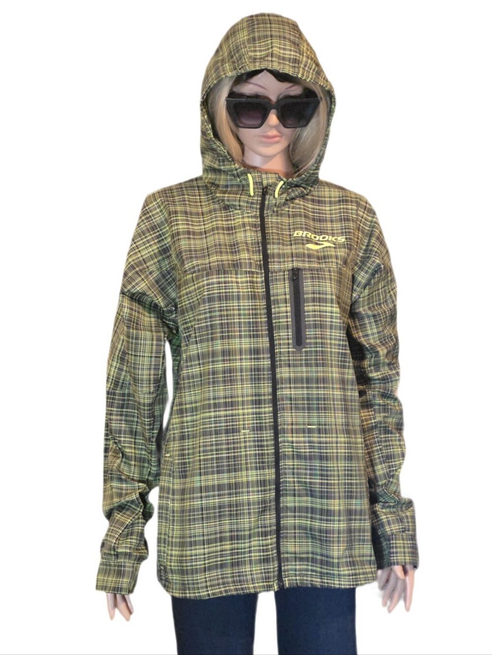 Brooks PureProject Running Jacket Neon Plaid Hooded Windbreaker  M